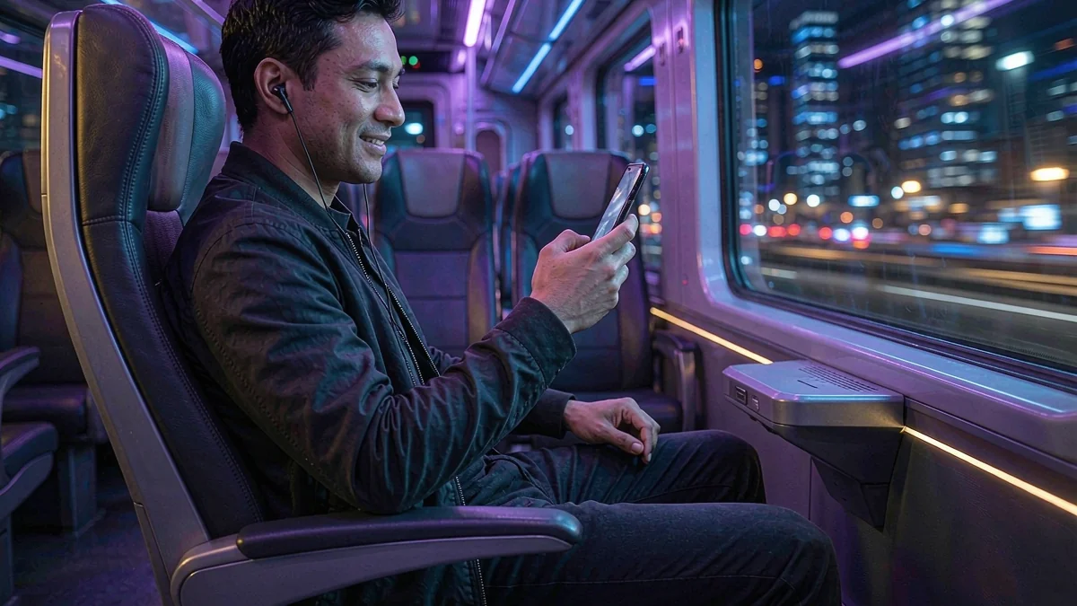 FG777 mobile guide — passenger using a smartphone beside a train window